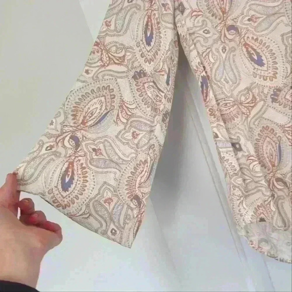 🌴2/$25🌴TRIBAL JEANS | Women's Cream/Tan/Blue V-Neck Boho Jeweled  Top - Picture 2 of 5